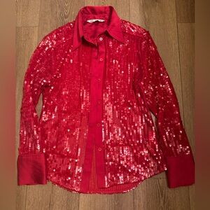 Zara Red Sequin Button Down Long Sleeve Shirt in Size Medium."